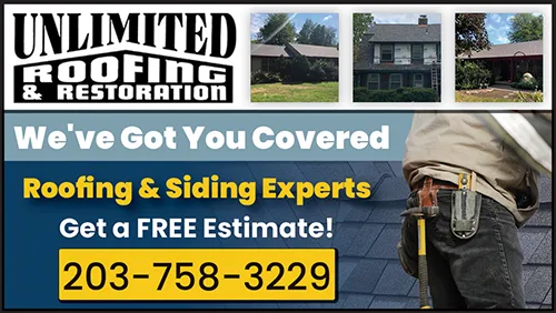 Advertisement graphic pointing to https://unlimited-roofing.com/