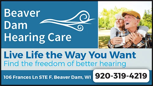 Advertisement graphic pointing to https://www.beaverdamhearing.com/