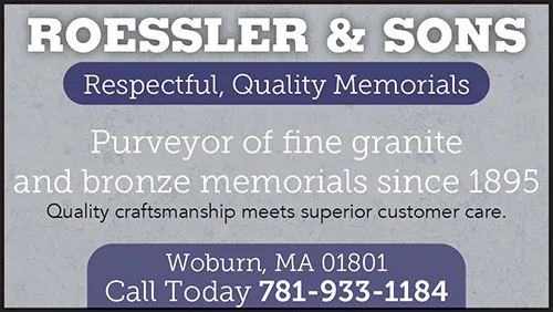 Advertisement graphic pointing to https://www.roesslermemorials.com/