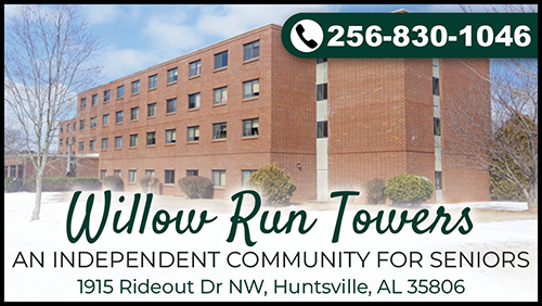 Advertisement graphic pointing to https://www.apartments.com/willow-run-towers-huntsville-al/z56zysy/