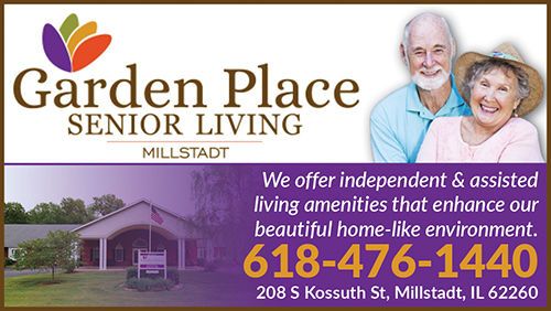Advertisement graphic pointing to https://www.compass-living.com/senior-living/il/millstadt/garden-place-millstadt/