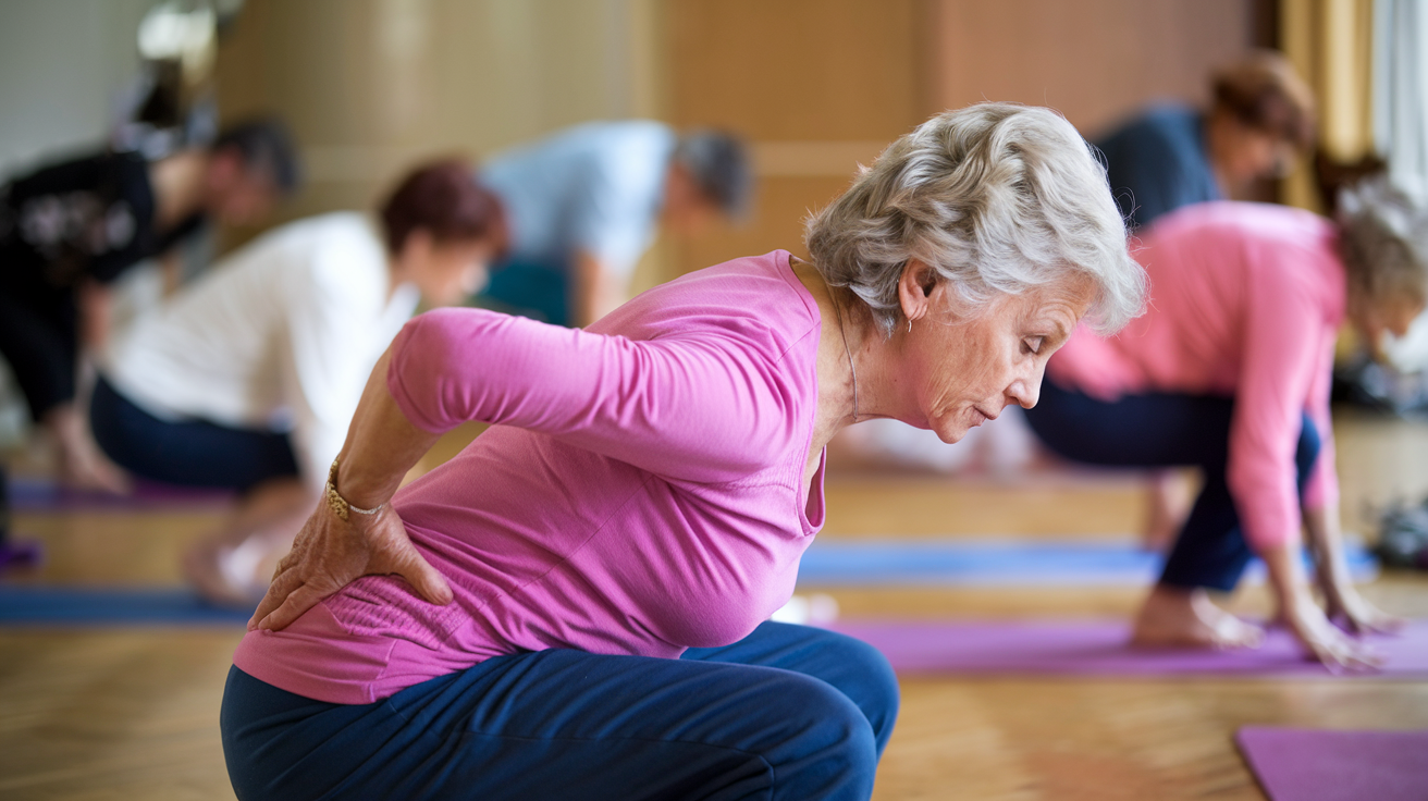 A photo of a senior citizen doing a cat-cow mobility exercise. The woman is wearing a pink top and dark pants.