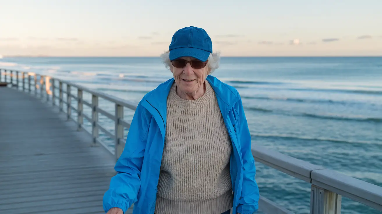 A photo of a senior citizen walking on a beautiful ocean walk. The senior is wearing a beige sweater and a blue jacket. The senior is wearing a blue cap and sunglasses