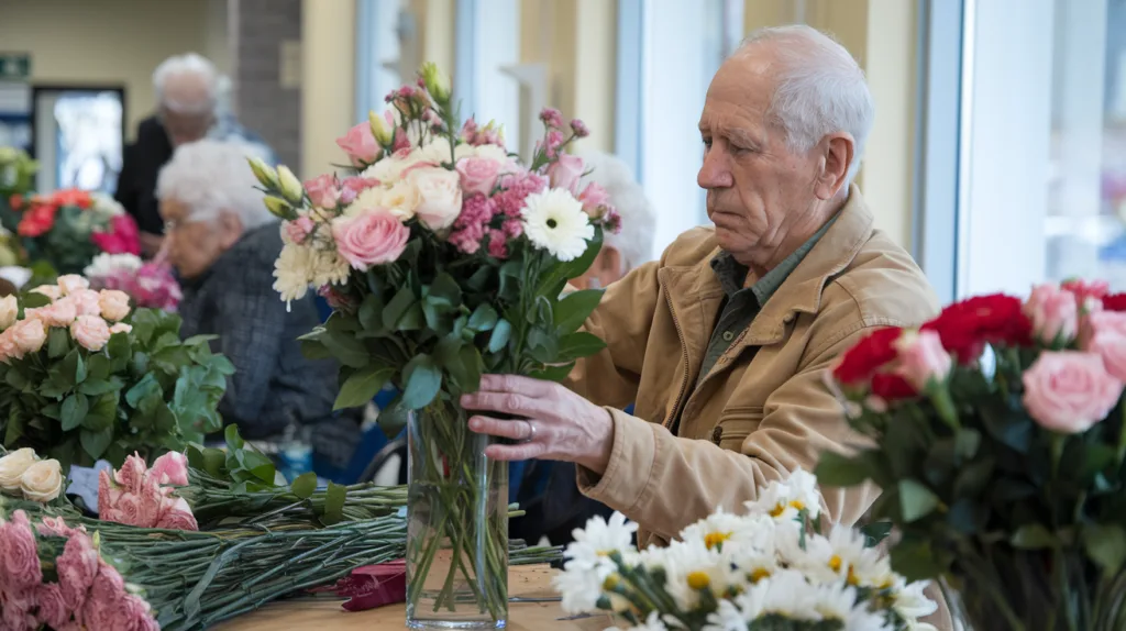 30 Engaging Crafts for People with Parkinson's Disease 6 - SeniorCenters.com A photo of a senior man making a flower arrangement in a senior center.