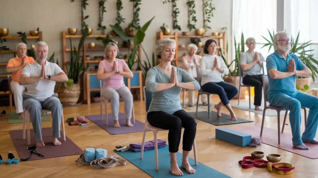 seniors doing sitting yoga