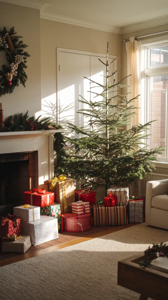 A cozy Christmas morning scene with presents piled by the fireplace, a decorated tree, and morning light streaming in. The room has a rustic charm with wooden beams and a stone fireplace. The tree is adorned with twinkling lights and ornaments. A few stockings hang by the fireplace. The floor is covered with a plush rug.