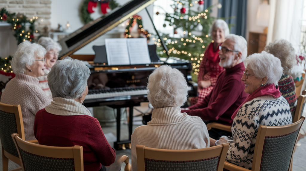 A photo of a diverse group of seniors singing around a piano at Christmas time. There is a piano in the center of the room, with a Christmas tree and decorations in the background. The seniors are sitting in chairs, facing the piano. They are dressed in warm clothing, and some wear scarves. The room has a cozy atmosphere, with soft lighting.