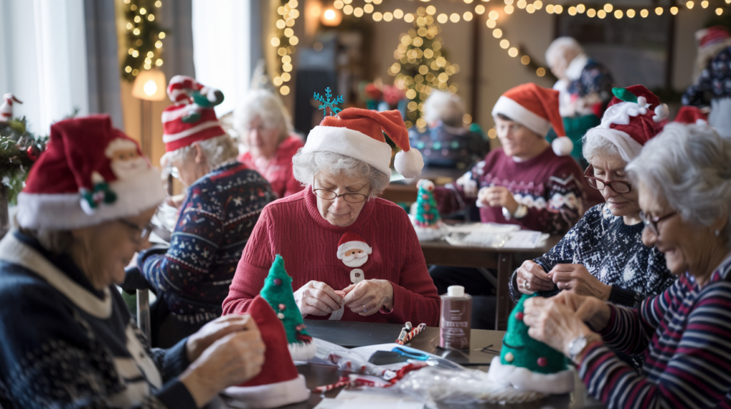 A photo of a group of seniors making holiday hats. There are various hats with festive decorations like Santa Claus, snowflakes, and Christmas trees. The seniors are sitting at tables and are engaged in the activity. The room has a warm, festive atmosphere with string lights and a Christmas tree in the background.