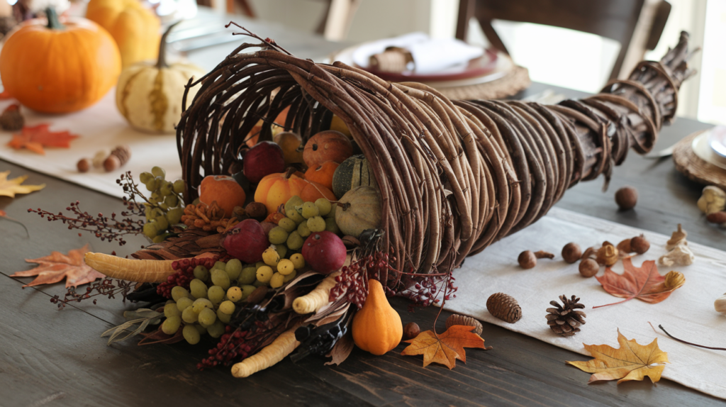 A photo of a handmade cornucopia as the centerpiece of a Thanksgiving table. The cornucopia is crafted from a lush arrangement of willow branches or grapevines and is filled with dried and faux fruits and vegetables.