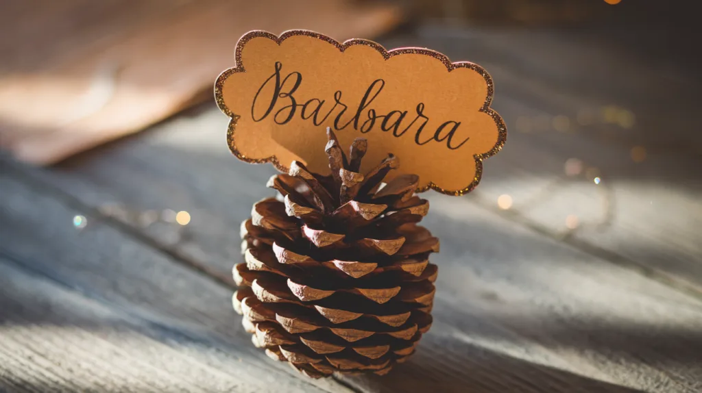 A photo of a single pinecone standing upright on a rustic wooden table. The pinecone's natural scales hold a beautifully crafted cardstock name tag, handwritten with the guest's name "Barbara" in flowing script. The pinecone's earthy browns and textured surfaces contrast perfectly with the vibrant autumn-colored paper. 