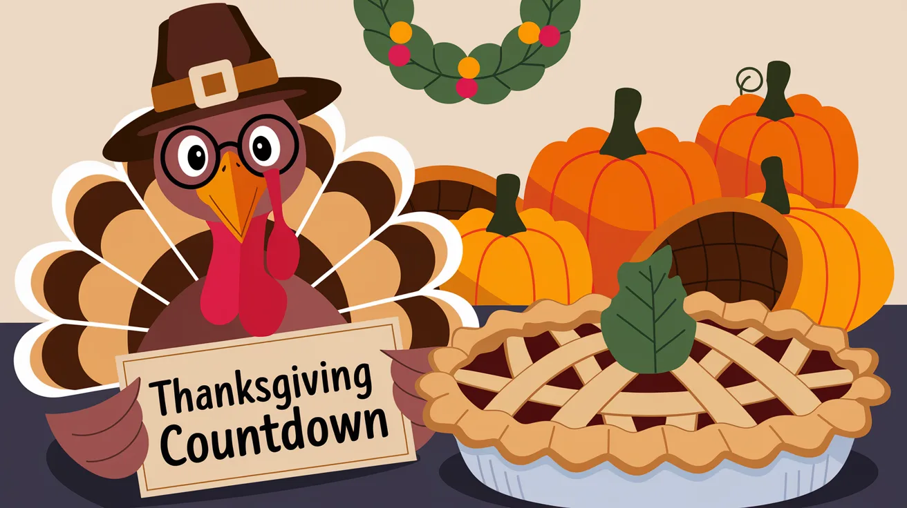 An illustration of a turkey wearing glasses and a hat. The turkey is holding a sign that says "Thanksgiving Countdown". There is a pie with a leaf on top next to the turkey. The background is a festive setting with pumpkins, cornucopias, and a wreath.