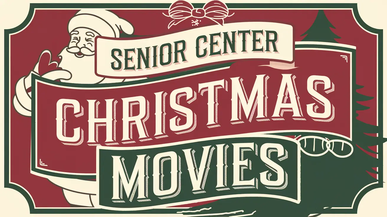 A flyer with the text "Senior Center Christmas Movies". There's a Santa Claus and a Christmas tree in the background. The flyer is designed with a vintage look, with a red and green color scheme and a classic font.