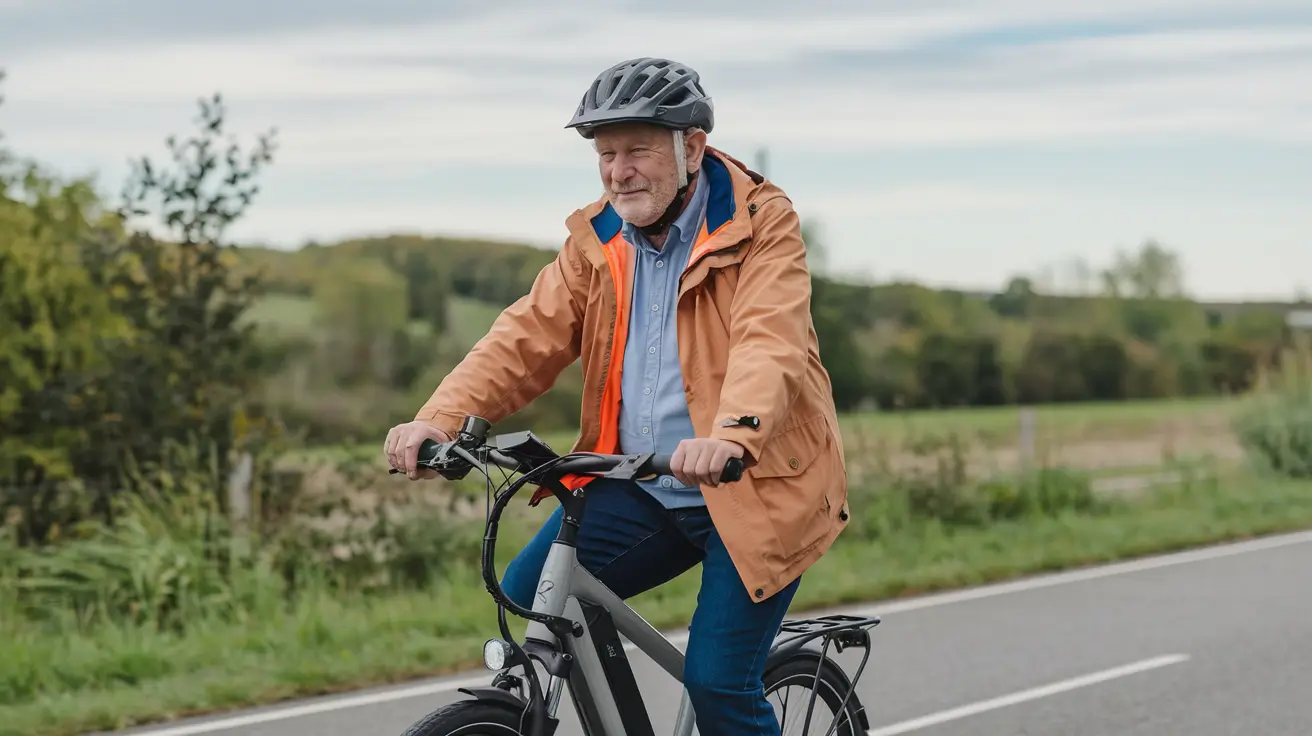 A photo of a senior citizen riding an electric bike. He is wearing a helmet and a bright orange jacket. The background is a scenic route with lush greenery and a clear sky.