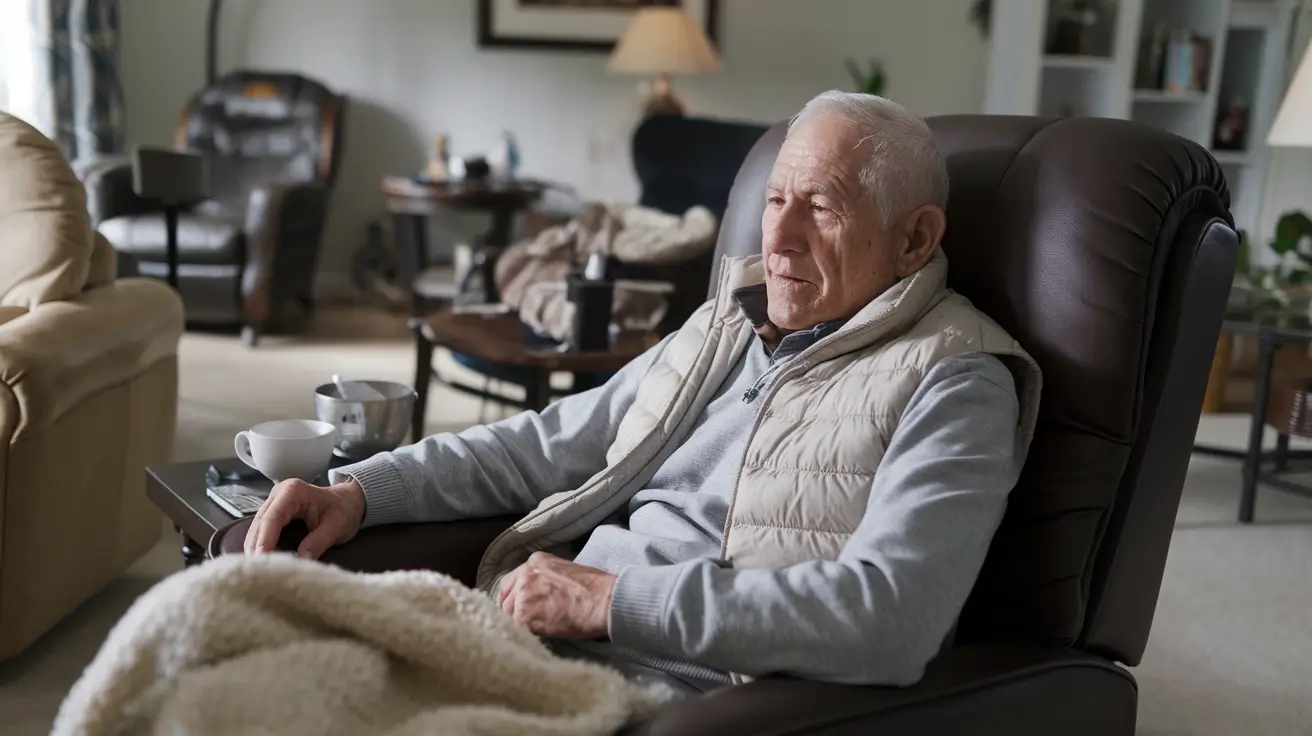 A photo of a senior man wearing a gray sweater and a beige vest. He is sitting in a recliner chair in his living room. There are a few items around him, including a cup on a side table and a blanket across his lap. The room has a few pieces of furniture and a lamp. The overall ambiance is cozy and homely.