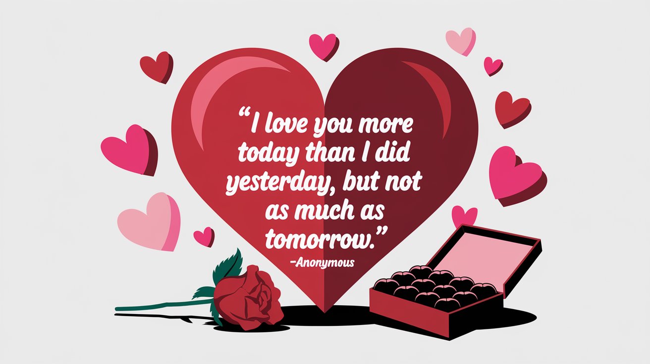 100 Valentines Day Quotes: From 600 BC to the 21st Century 102 - SeniorCenters.com A clean and modern design illustration of a heart with the quote "I love you more today than I did yesterday, but not as much as tomorrow. -Anonymous". There are pink and red hearts floating around the heart. There's a red rose and a box of chocolates near the heart. The background is white.