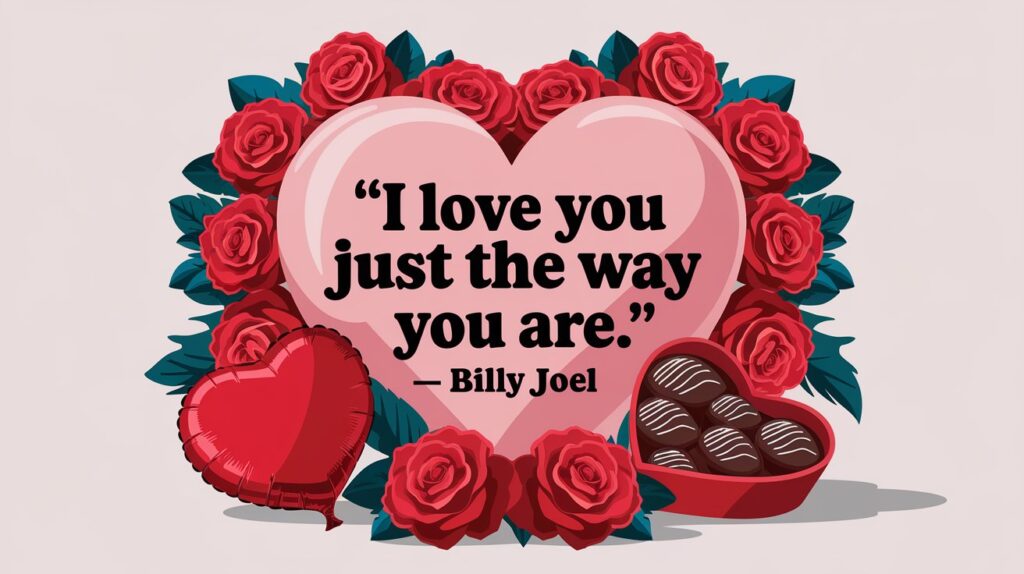 100 Valentines Day Quotes: From 600 BC to the 21st Century 79 - SeniorCenters.com A clean and modern design illustration of a heart with the text "I love you just the way you are. - Billy Joel". There are red roses, a red heart-shaped box of chocolate, and a red heart-shaped balloon around the image. The background is white.