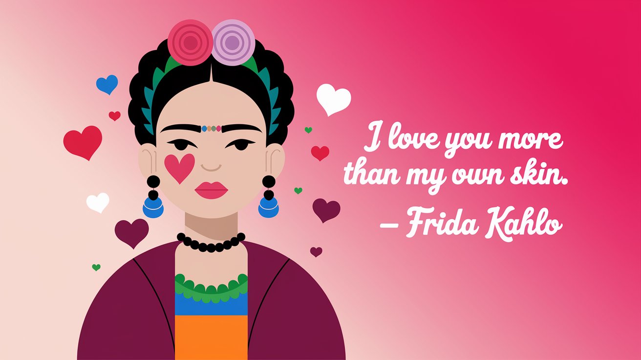 100 Valentines Day Quotes: From 600 BC to the 21st Century 62 - SeniorCenters.com A clean and modern design illustration of Frida Kahlo with a heart painted on her cheek. She is wearing a traditional Mexican dress. There are hearts surrounding her, and the background is a pink gradient. The text "I love you more than my own skin. - Frida Kahlo" is written in white.