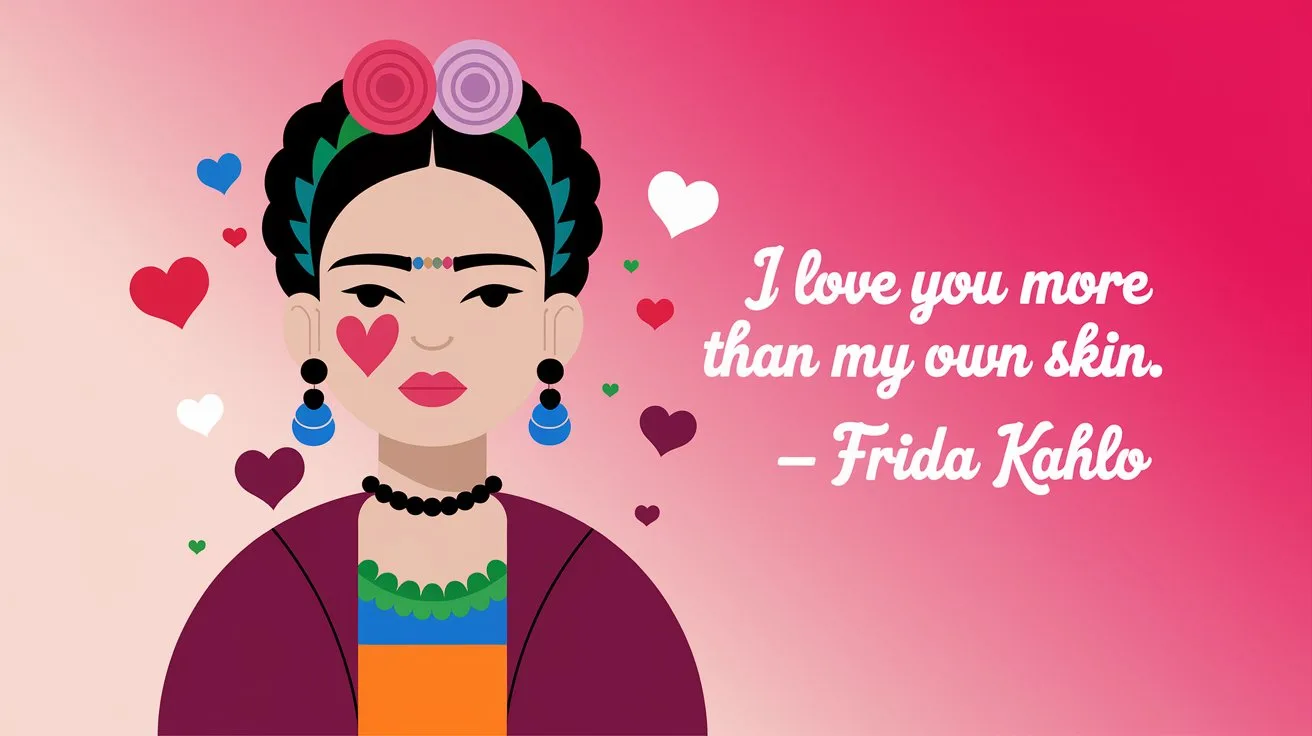100 Valentines Day Quotes: From 600 BC to the 21st Century 61 - SeniorCenters.com A clean and modern design illustration of Frida Kahlo with a heart painted on her cheek. She is wearing a traditional Mexican dress. There are hearts surrounding her, and the background is a pink gradient. The text "I love you more than my own skin. - Frida Kahlo" is written in white.