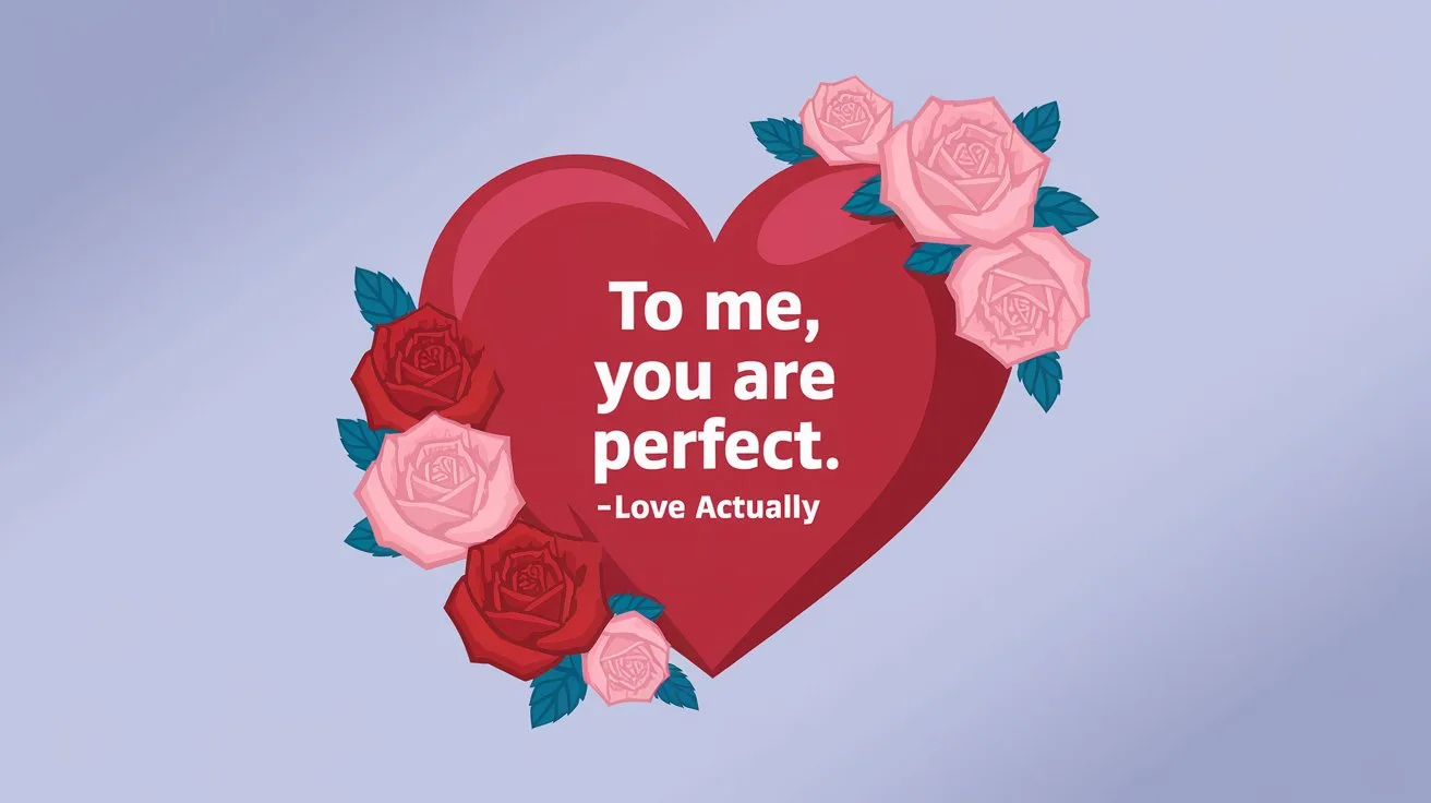 100 Valentines Day Quotes: From 600 BC to the 21st Century 99 - SeniorCenters.com A clean and modern design illustration of a red heart with the text "To me, you are perfect. -Love Actually". There are pink and red roses around the heart. The background is a light blue gradient.