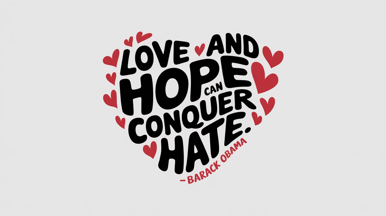 100 Valentines Day Quotes: From 600 BC to the 21st Century 97 - SeniorCenters.com A clean and modern design illustration of a heart with the text "Love and hope can conquer hate. -Barack Obama". There are small hearts around the text. The background is white.