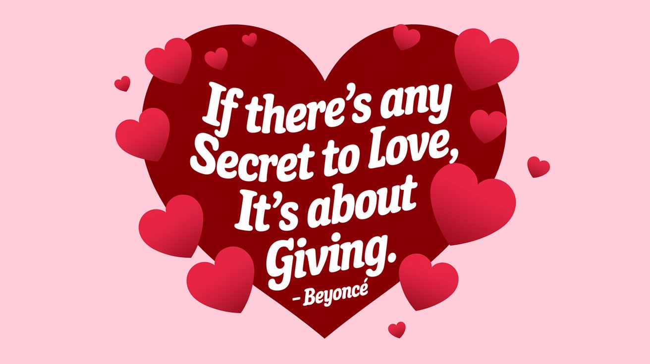 100 Valentines Day Quotes: From 600 BC to the 21st Century 91 - SeniorCenters.com A clean and modern design illustration of a heart with the text "If there's any secret to love, it's about giving. - Beyoncé". There are red hearts floating around the text. The background is a soft pink.