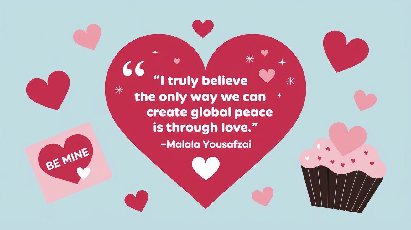 100 Valentines Day Quotes: From 600 BC to the 21st Century 98 - SeniorCenters.com A clean and modern design illustration of a heart with the quote "I truly believe the only way we can create global peace is through love. -Malala Yousafzai". There are red hearts and a few pink hearts scattered around the image. There's a Valentine's Day card with a heart and the text "Be Mine". There's a cupcake with a heart on it. The background is light blue.