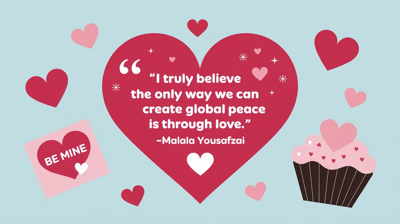 100 Valentines Day Quotes: From 600 BC to the 21st Century 97 - SeniorCenters.com A clean and modern design illustration of a heart with the quote "I truly believe the only way we can create global peace is through love. -Malala Yousafzai". There are red hearts and a few pink hearts scattered around the image. There's a Valentine's Day card with a heart and the text "Be Mine". There's a cupcake with a heart on it. The background is light blue.