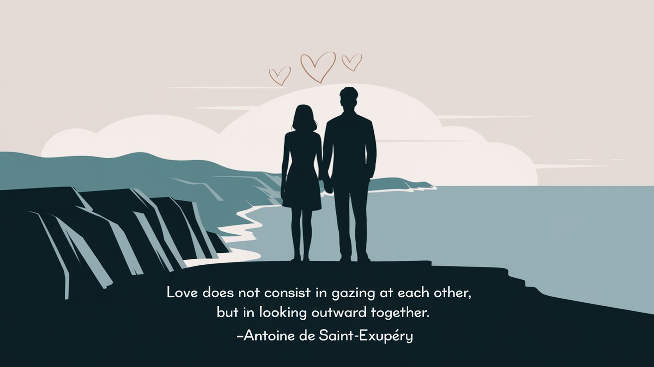 100 Valentines Day Quotes: From 600 BC to the 21st Century 63 - SeniorCenters.com A clean and modern illustration of a couple with their backs to the viewer, standing on a cliff overlooking the ocean. The man is holding the woman's hand. There are hearts in the sky above them. The background is a serene landscape with rolling hills and the ocean. The quote "Love does not consist in gazing at each other, but in looking outward together.-Antoine de Saint-Exupéry" is written in a modern font below the image.