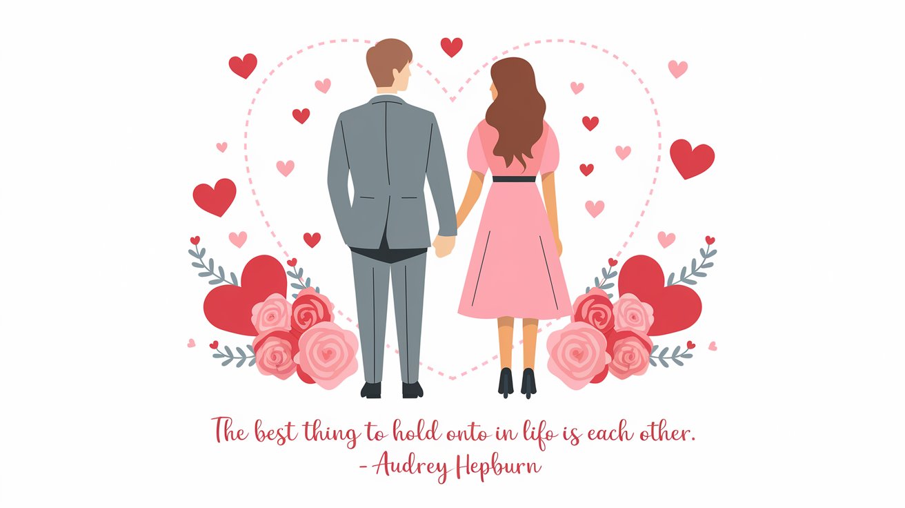 100 Valentines Day Quotes: From 600 BC to the 21st Century 69 - SeniorCenters.com A clean and modern illustration of a couple holding hands. The man has short brown hair and is wearing a gray suit. The woman has long brown hair and is wearing a pink dress. They are standing on a white background. There are hearts and Valentine's Day items such as a red heart and a bouquet of roses around the image. The quote "The best thing to hold onto in life is each other.-Audrey Hepburn" is written in a modern font below the image.
