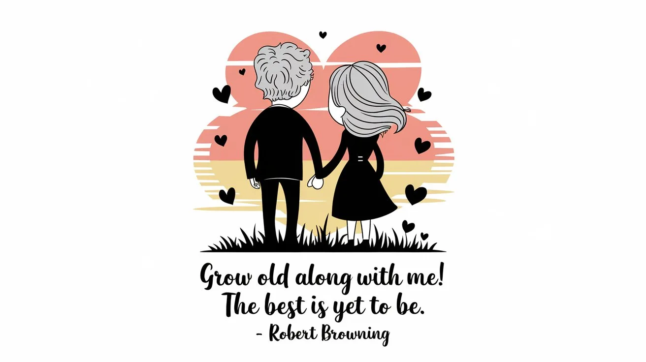 100 Valentines Day Quotes: From 600 BC to the 21st Century 39 - SeniorCenters.com A clean and modern illustration of a couple with gray hair holding hands. The man is wearing a suit and the woman is wearing a dress. They are standing on a grassy field. There are hearts surrounding them. The background contains a sunset. The text "Grow old along with me! The best is yet to be. - Robert Browning" is written in a modern font below the image.