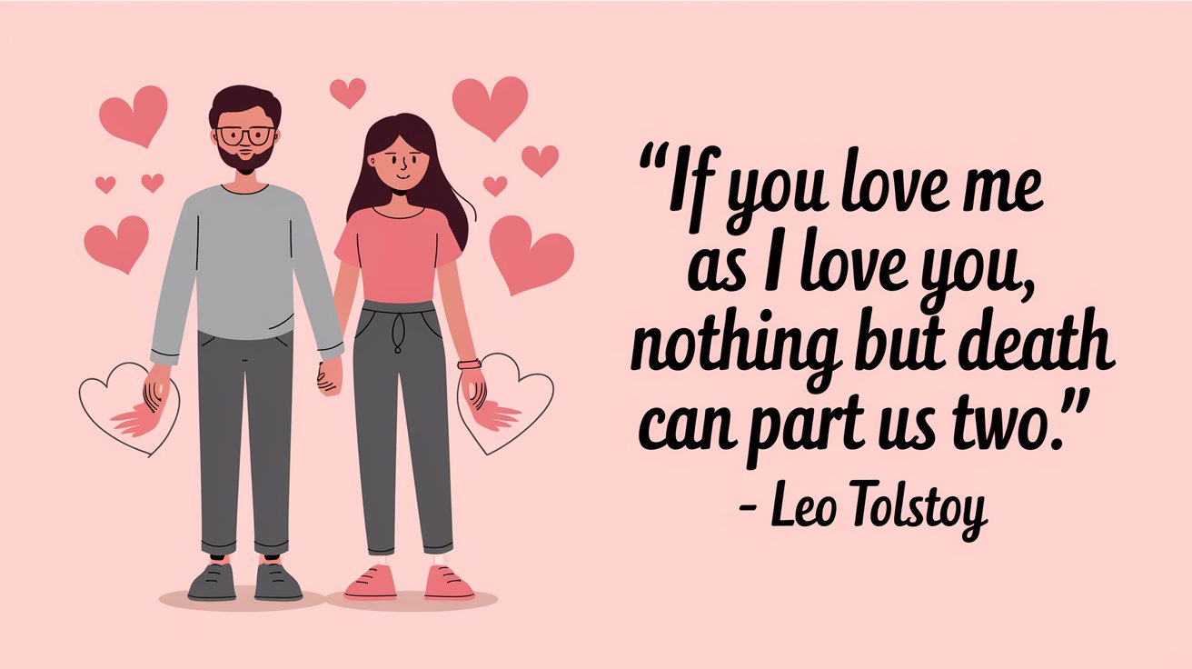 100 Valentines Day Quotes: From 600 BC to the 21st Century 42 - SeniorCenters.com A clean and modern illustration of a couple holding hands. The man has a beard and wears glasses. The woman has long hair. Both of them wear casual clothes. There are hearts around them, and a few hearts are also held by the couple. The background is a soft pink color. There is a large text with the quote "If you love me as I love you, nothing but death can part us two. - Leo Tolstoy".