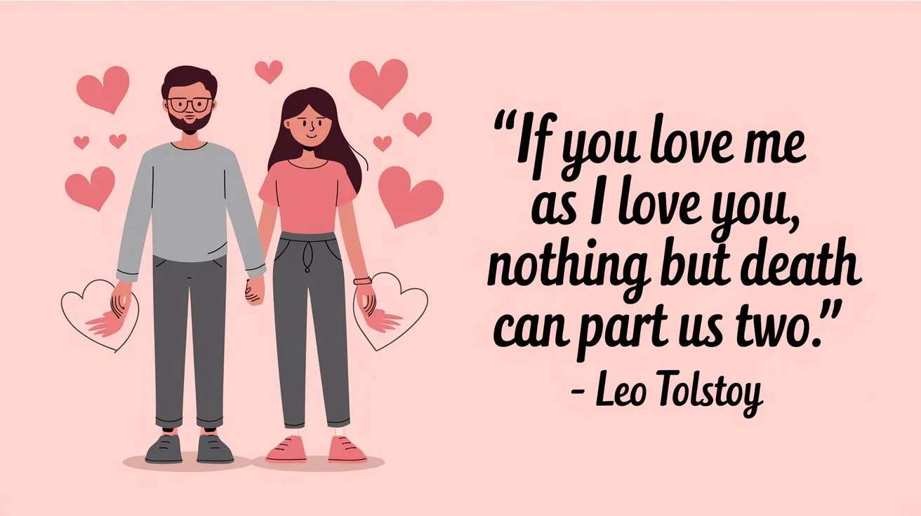 100 Valentines Day Quotes: From 600 BC to the 21st Century 41 - SeniorCenters.com A clean and modern illustration of a couple holding hands. The man has a beard and wears glasses. The woman has long hair. Both of them wear casual clothes. There are hearts around them, and a few hearts are also held by the couple. The background is a soft pink color. There is a large text with the quote "If you love me as I love you, nothing but death can part us two. - Leo Tolstoy".