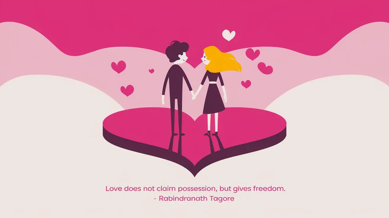 100 Valentines Day Quotes: From 600 BC to the 21st Century 44 - SeniorCenters.com A clean and modern illustration of a couple holding hands. The man has dark hair and the woman has blonde hair. They are standing on a heart-shaped platform. The background is a gradient of pink and white. There are hearts floating around the couple. The text "Love does not claim possession, but gives freedom. - Rabindranath Tagore" is written in a modern font below the image.