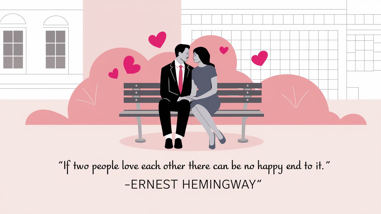 100 Valentines Day Quotes: From 600 BC to the 21st Century 53 - SeniorCenters.com A clean and modern illustration of a couple sitting on a park bench. The man is wearing a black suit and red tie, and the woman is wearing a blue dress. They are holding hands. There are pink hearts around the couple, and the background contains a white building with a few windows. The quote "If two people love each other there can be no happy end to it.- Ernest Hemingway" is written in a modern, sans-serif font below the image.