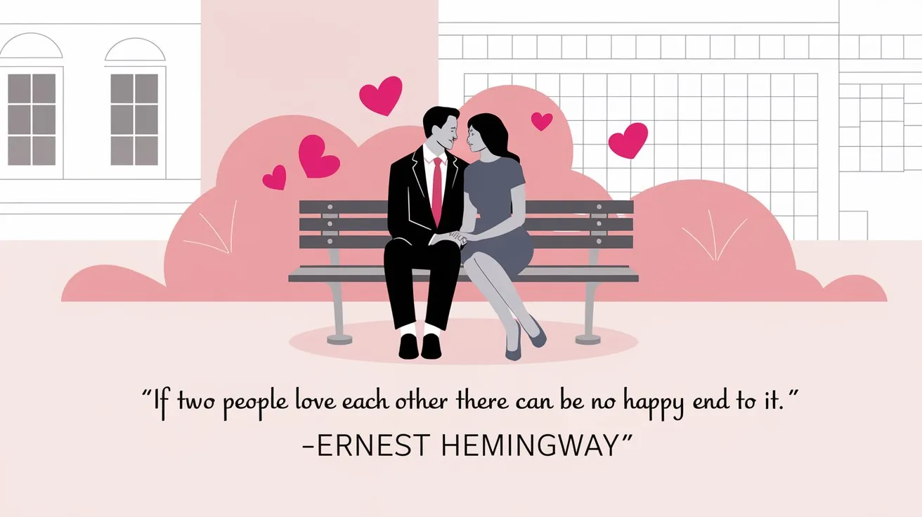 100 Valentines Day Quotes: From 600 BC to the 21st Century 52 - SeniorCenters.com A clean and modern illustration of a couple sitting on a park bench. The man is wearing a black suit and red tie, and the woman is wearing a blue dress. They are holding hands. There are pink hearts around the couple, and the background contains a white building with a few windows. The quote "If two people love each other there can be no happy end to it.- Ernest Hemingway" is written in a modern, sans-serif font below the image.