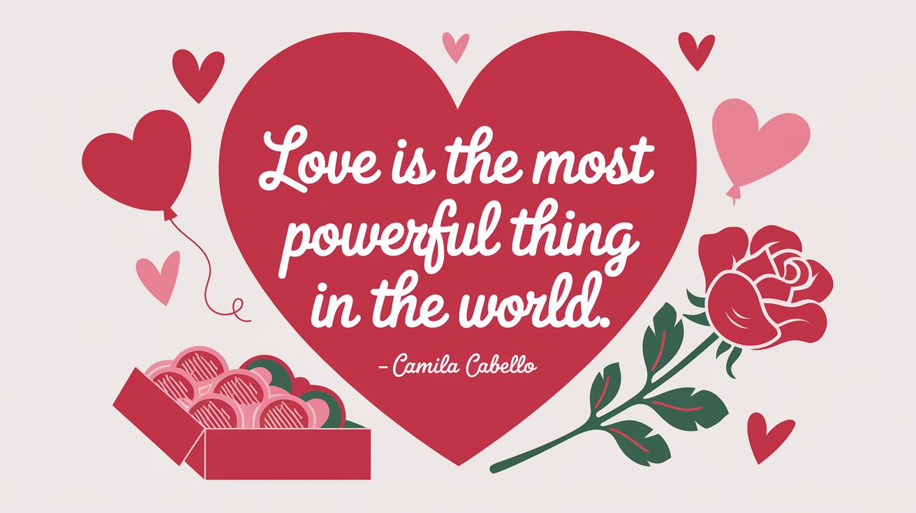 100 Valentines Day Quotes: From 600 BC to the 21st Century 93 - SeniorCenters.com A clean and modern illustration of a heart with the text "Love is the most powerful thing in the world. -Camila Cabello". There are also some hearts and Valentine's Day items around the image, such as a red rose, a box of chocolates, and a heart-shaped balloon. The background is white.
