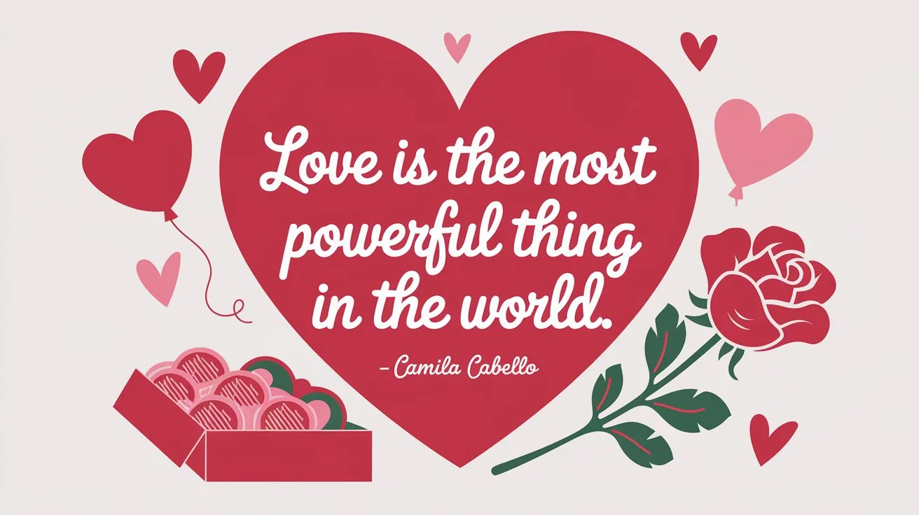 100 Valentines Day Quotes: From 600 BC to the 21st Century 92 - SeniorCenters.com A clean and modern illustration of a heart with the text "Love is the most powerful thing in the world. -Camila Cabello". There are also some hearts and Valentine's Day items around the image, such as a red rose, a box of chocolates, and a heart-shaped balloon. The background is white.