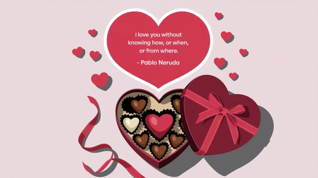 100 Valentines Day Quotes: From 600 BC to the 21st Century 60 - SeniorCenters.com A clean and modern illustration of a heart-shaped box of chocolates with a red ribbon. There's a white background. There are small red hearts scattered around the box. Above the box, there's a large red heart with a white outline. Inside the heart, there's the text "I love you without knowing how, or when, or from where. - Pablo Neruda".