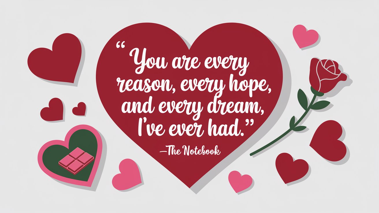100 Valentines Day Quotes: From 600 BC to the 21st Century 101 - SeniorCenters.com A clean and modern illustration of a heart with the quote "You are every reason, every hope, and every dream I've ever had. -The Notebook". There are red hearts and Valentine's Day items like a heart-shaped box of chocolates and a red rose around the image. The background is white.