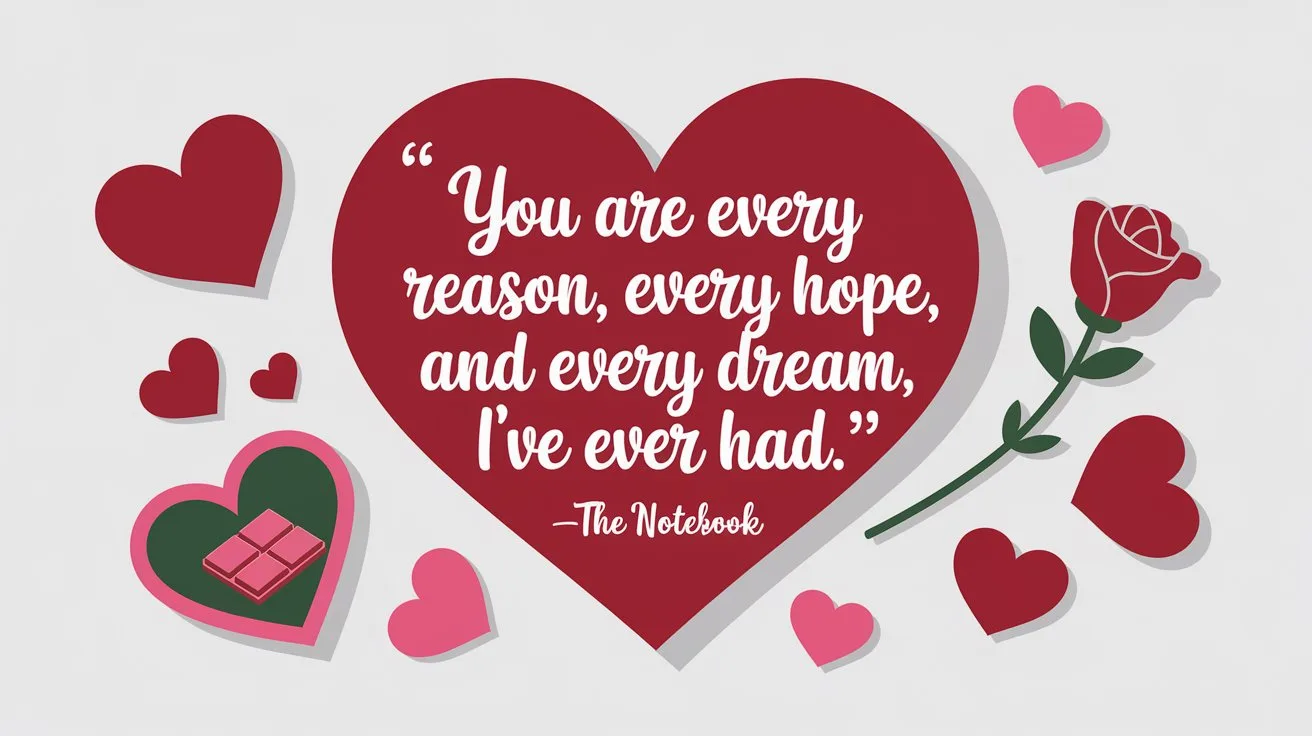 100 Valentines Day Quotes: From 600 BC to the 21st Century 100 - SeniorCenters.com A clean and modern illustration of a heart with the quote "You are every reason, every hope, and every dream I've ever had. -The Notebook". There are red hearts and Valentine's Day items like a heart-shaped box of chocolates and a red rose around the image. The background is white.