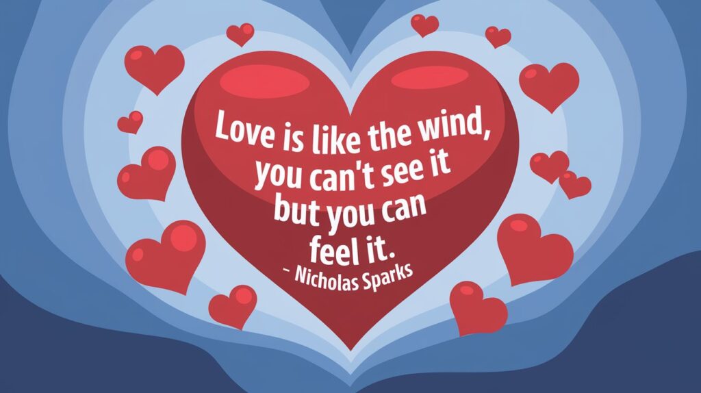 100 Valentines Day Quotes: From 600 BC to the 21st Century 83 - SeniorCenters.com A clean and modern illustration of a heart with the text "Love is like the wind, you can't see it but you can feel it. - Nicholas Sparks". There are red hearts floating around the heart. The background is a soft blue gradient.