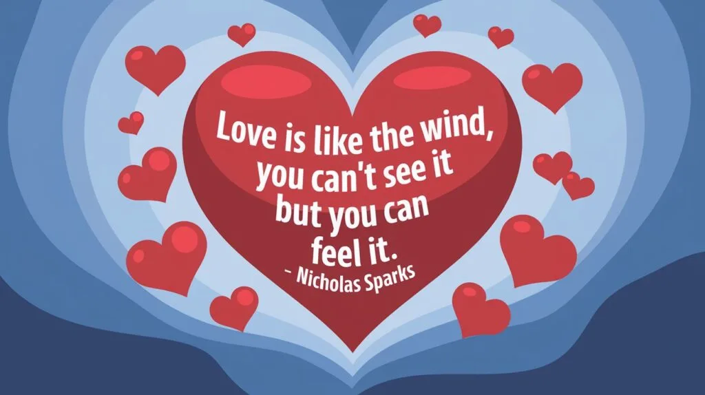 100 Valentines Day Quotes: From 600 BC to the 21st Century 82 - SeniorCenters.com A clean and modern illustration of a heart with the text "Love is like the wind, you can't see it but you can feel it. - Nicholas Sparks". There are red hearts floating around the heart. The background is a soft blue gradient.