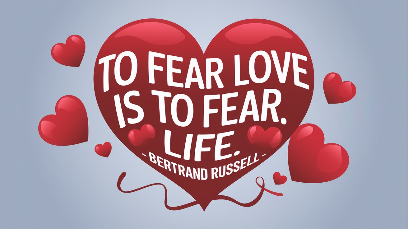 100 Valentines Day Quotes: From 600 BC to the 21st Century 59 - SeniorCenters.com A clean and modern illustration of a heart with the text "To fear love is to fear life. -Bertrand Russell". There are red hearts scattered around the image, and a few are intertwined with the text. The background is a light blue gradient.