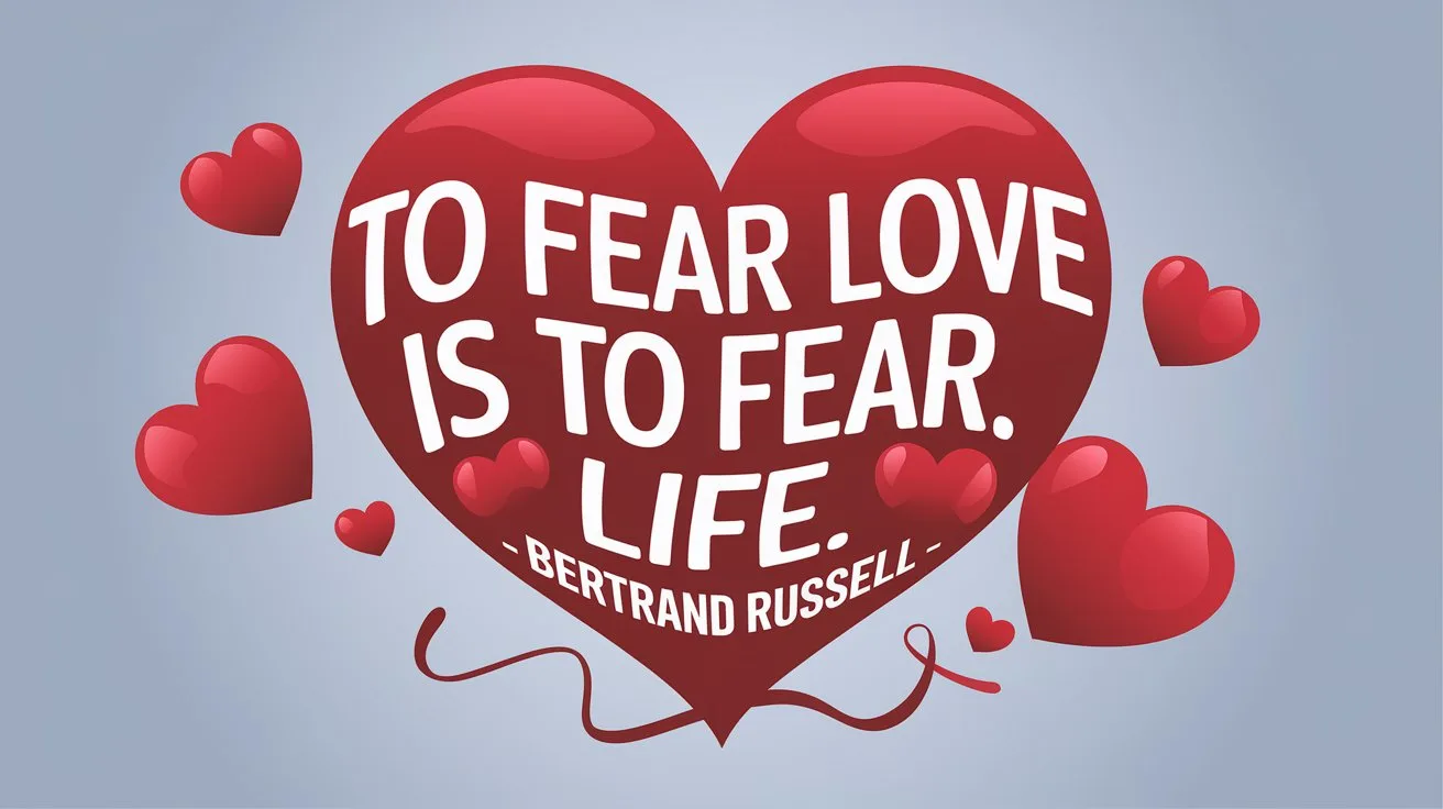 100 Valentines Day Quotes: From 600 BC to the 21st Century 58 - SeniorCenters.com A clean and modern illustration of a heart with the text "To fear love is to fear life. -Bertrand Russell". There are red hearts scattered around the image, and a few are intertwined with the text. The background is a light blue gradient.