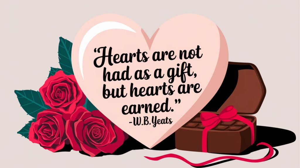 100 Valentines Day Quotes: From 600 BC to the 21st Century 60 - SeniorCenters.com A clean and modern illustration of a heart with the text "Hearts are not had as a gift, but hearts are earned. -W.B. Yeats". There are red roses and a chocolate box with a red ribbon beside the heart. The background is white.