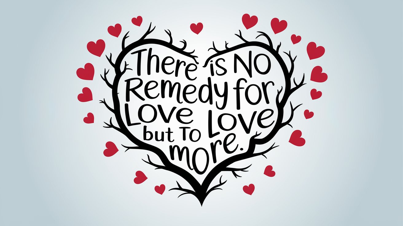 100 Valentines Day Quotes: From 600 BC to the 21st Century 41 - SeniorCenters.com A clean and modern illustration of a heart with the words "There is no remedy for love but to love more." inscribed on it. The heart is made of intertwined branches. There are red hearts scattered around the heart. The background is a light blue gradient.