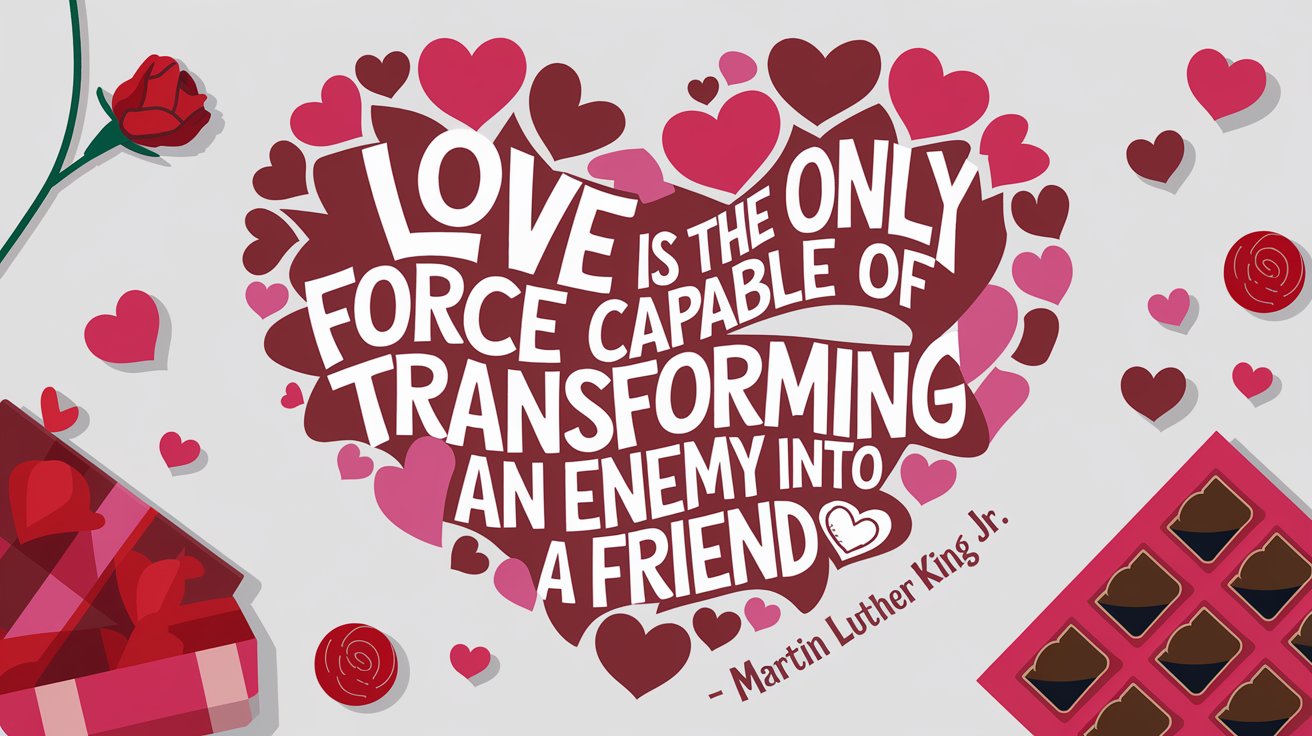 100 Valentines Day Quotes: From 600 BC to the 21st Century 68 - SeniorCenters.com A clean and modern design illustration of a man and a woman shaking hands. The man is wearing a suit and the woman is wearing a dress. There are hearts surrounding them. The background is a gradient of pink and red. The text "Love is the only force capable of transforming an enemy into a friend. - Martin Luther King Jr." is displayed below the illustration.