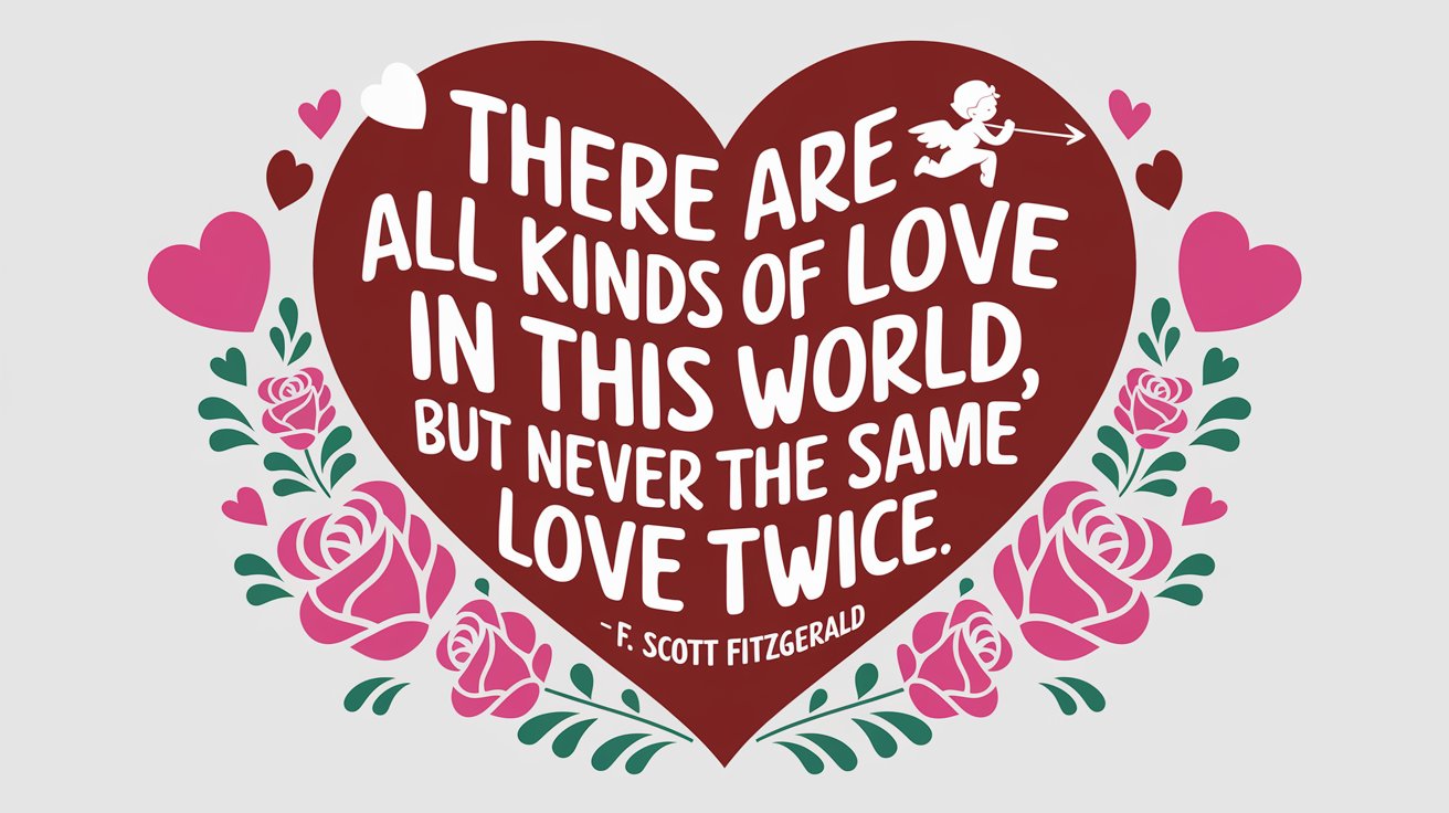 100 Valentines Day Quotes: From 600 BC to the 21st Century 52 - SeniorCenters.com A clean and modern illustration of a heart with the text "There are all kinds of love in this world but never the same love twice.- F. Scott Fitzgerald". There are also hearts, roses, and a cupid figure around the image. The background is white.
