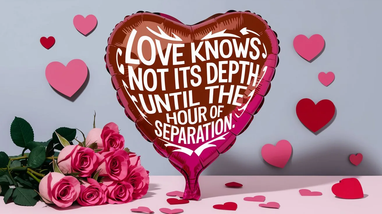 100 Valentines Day Quotes: From 600 BC to the 21st Century 45 - SeniorCenters.com A clean and modern illustration of a heart-shaped balloon with the text "Love knows not its depth until the hour of separation." in the shape of a heart. There's a bouquet of roses with thorns beside the balloon. The background is a light gray wall. There are pink and red hearts scattered around the image.