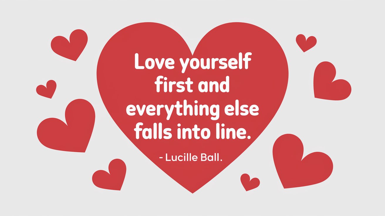100 Valentines Day Quotes: From 600 BC to the 21st Century 73 - SeniorCenters.com A clean and modern illustration of a heart with the text "Love yourself first and everything else falls into line. - Lucille Ball". There are red hearts scattered around the image. The background is white.